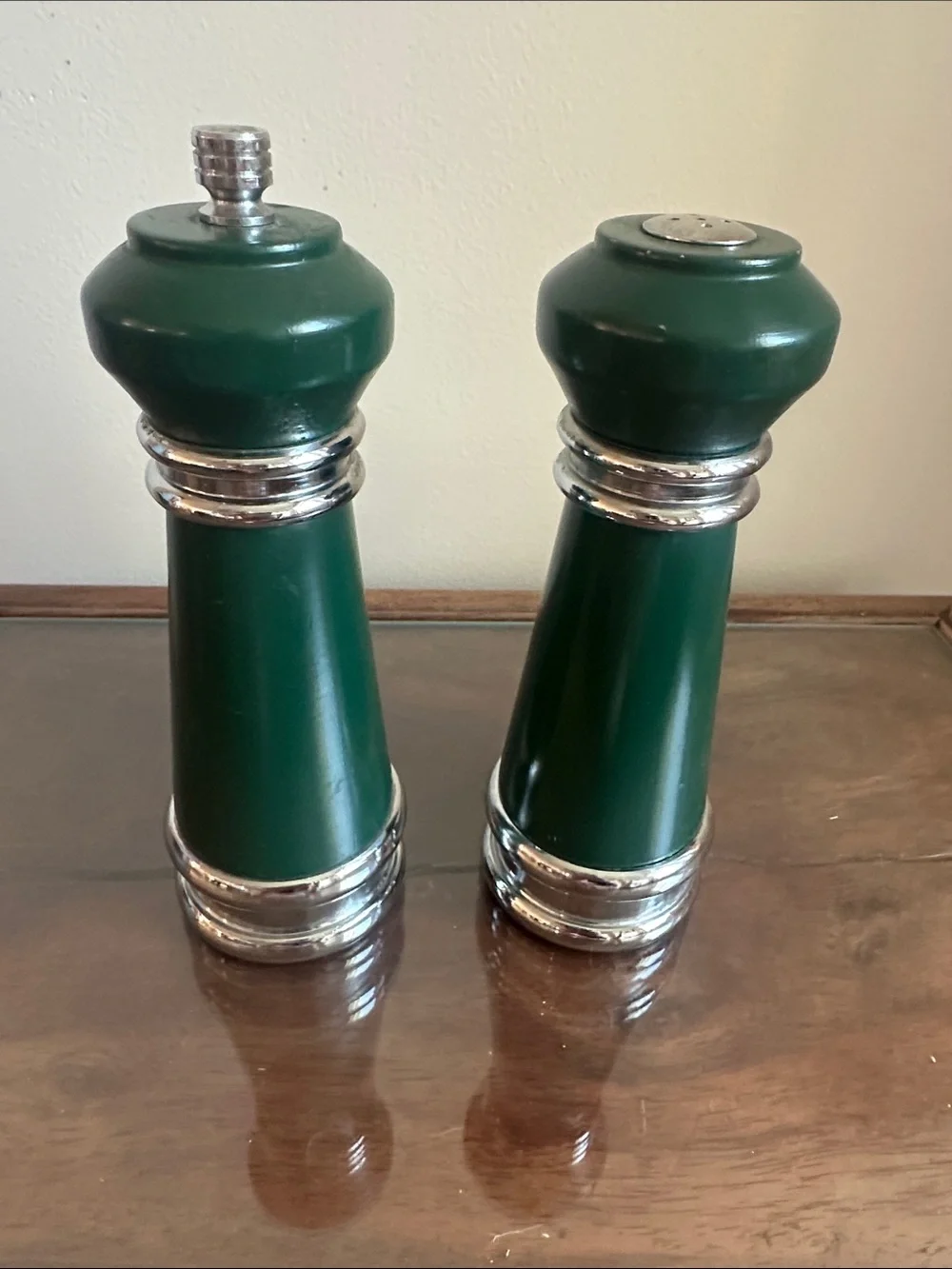 Vintage Olde Thompson Salt & Pepper Mill Grinder Set - Forest Green & Chrome USA